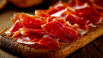 A close-up photograph of thinly sliced red meat likely ham or salami arranged on a wooden cutting board