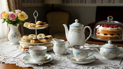 Fototapeta premium Elegant Afternoon Tea Display with Floral Porcelain and Delicious Desserts Generative AI