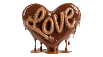 A chocolate heart with the word LOVE written 