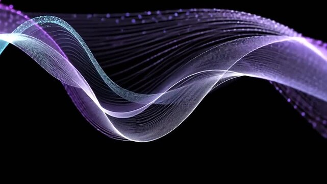 Abstract purple and blue wave background with flowing particles on black.