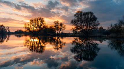 Serene sunset reflection in calm waters