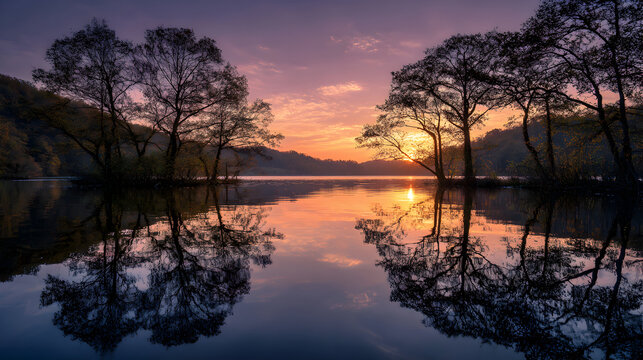 Sunset reflection on calm lake - Powered by Adobe