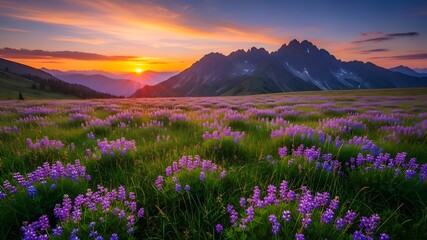 Fototapeta premium Vibrant purple wildflowers bloom in serene mountain meadow at sunset.