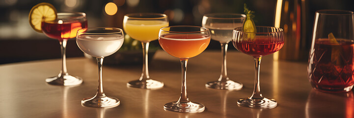 Sophisticated cocktail arrangement featuring assorted drinks under warm ambient lighting ambiance