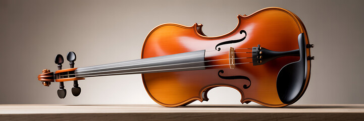 Elegant studio shot showcases a glossy violin, highlighting its delicate craftsmanship against a soft, neutral backdrop and wooden table