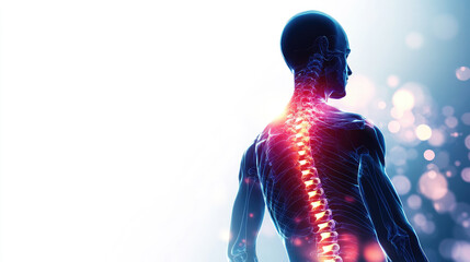 Human body shown in profile, with the spine and nervous system glowing blue and red highlights indicating areas of pain or inflammation, representing backache,osteoporosis disc protrusion. Copy space