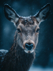 Close-up Portrait of Deer with Snow on Face in Winter Snowfall