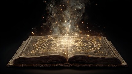 Magical ancient book with glowing golden symbols and smoke rising from pages in dark mysterious background