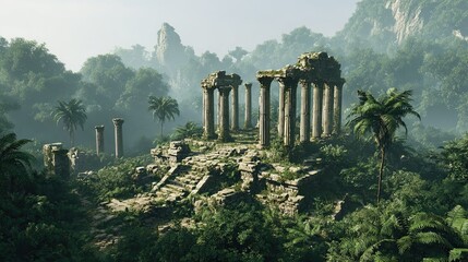 Ancient stone temple ruins with tall columns overgrown by jungle vegetation in tropical misty mountain forest