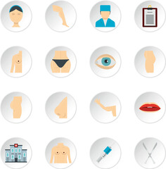 Plastic surgeon icons set in flat style