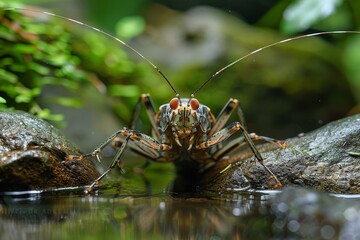 Close-up view of an insect resting on a rock near water in a lush, green environment during daytime