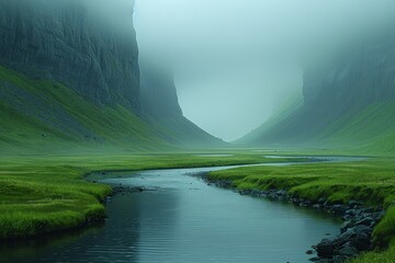 Foggy valley with a winding river in a serene landscape during early morning light