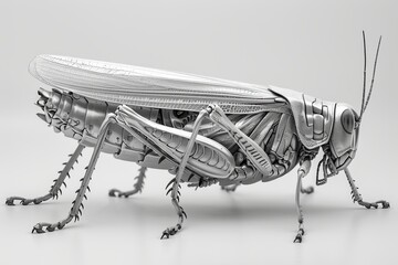 Detailed metallic grasshopper model showcases intricate designs and textures