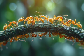 Close-up view of orange ants marching in line along a branch in a lush green forest during daylight