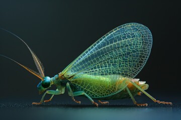 Close-up view of a colorful insect showcasing intricate wing patterns and textures in a dark setting