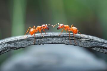 Two orange ants connected by their antennas on a curved branch in a lush green environment