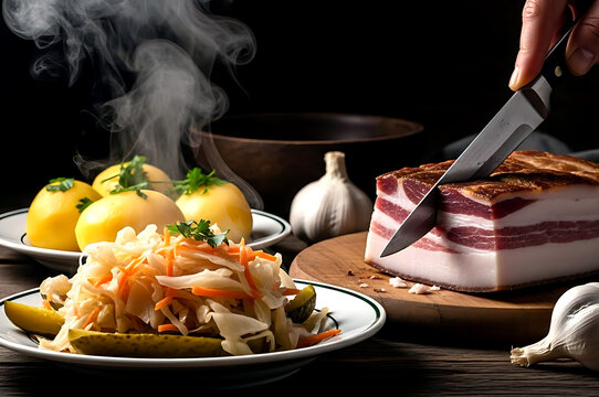 Ukrainian salo with garlic and cabbage, a knife slicing through a slab of cured pork fat onto a plate of pickled cabbage, steam visible from freshly boiled potatoes 