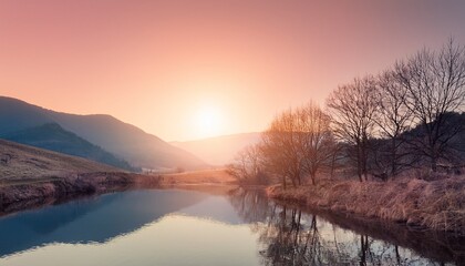 Obraz premium Soft Pastel Mountain Landscape With Calm River Reflecting Colorful Hills And Bare Trees Under Serene Sky With Large Sun Evoking Peaceful And Dreamy Emotions