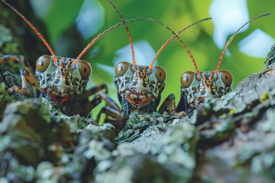 Three colorful crickets resting on a tree bark during midday in a lush forest setting