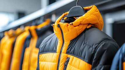 shelves with large selection of modern down jackets in sports store, retail shopping interior, winter outerwear display, active lifestyle and outdoor fashion concept