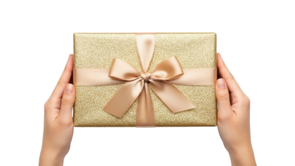 Present in Hands, Golden Gift Box with Bow on Transparent Background PNG