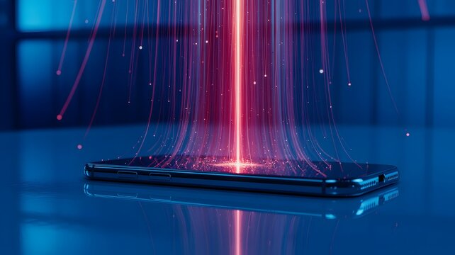 Smartphone with vibrant pink light beam and dynamic digital connections - Powered by Adobe