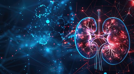 Visualization of glowing human kidneys with a complex network of luminous lines and structures. The construction of the anatomical organ of the human kidney.