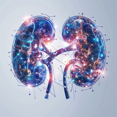 Visualization of glowing human kidneys with a complex network of luminous lines and structures. The construction of the anatomical organ of the human kidney.