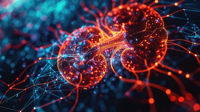 Visualization of glowing human kidneys with a complex network of luminous lines and structures. The construction of the anatomical organ of the human kidney.