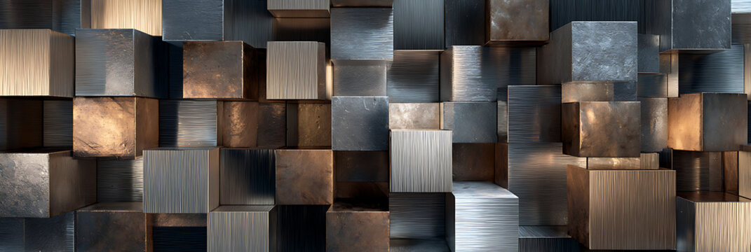 Stacked metal cubes with brushed and rough textures, geometric industrial 3D background, abstract architecture of metallic blocks with warm and cool reflections