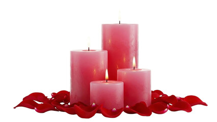 Pink Candles with Flames and Red Rose Petals on a Transparent Background PNG Image