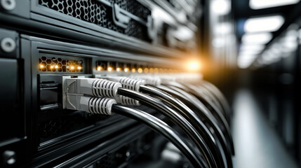 A close-up photograph of a network rack with multiple Ethernet cables connected to it