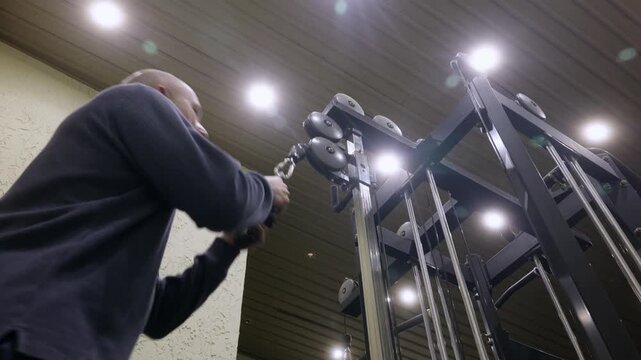Active senior man in dark blue sweater doing triceps cable pushdown exercise in brightly lit indoor gym shot from low angle emphasizing focus and determination on healthy lifestyle.