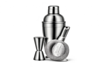 Barware set on transparent background: shaker, jigger, strainer, spoon.