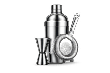 Cocktail shaker with transparent background, stainless steel bar tools.