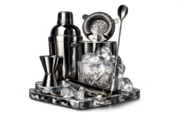 Cocktail mixing kit, ice, and metal on a transparent background setup.