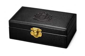 Elegant black leather box with golden lock on transparent background.