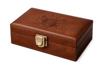 Brown leather box with gold clasp and logo, transparent background here.