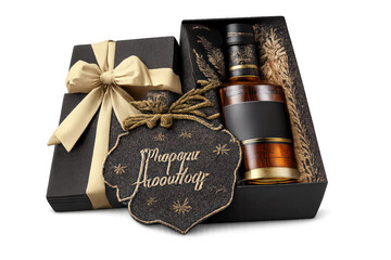 Luxury whiskey gift set box with transparent background presentation.