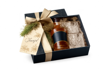 Liquor gift set in transparent background with holiday card, nice bow