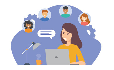 Business woman hosts video meeting on laptop. Remote work. Support customer care, online training. Diverse team members connect through video call