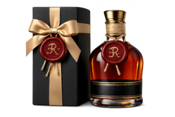 Luxury liquor bottle and box on transparent background, elegant design