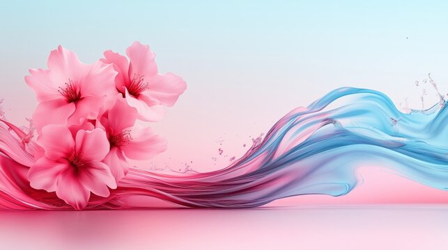 Pink blossoms drift on a swirling wave of blue and pink against a soft gradient sky. The dreamy scene evokes spring&rsquo;s gentle beauty, fluid motion, and serene elegance.