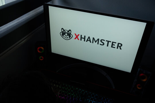 Punta Arenas, Chile &ndash; December 22, 2025: The xHamster corporate logo and hamster mascot icon are displayed on a computer monitor in a dark home office