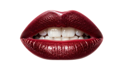 Glossy Red Lips with White Teeth Open on a Transparent Background PNG