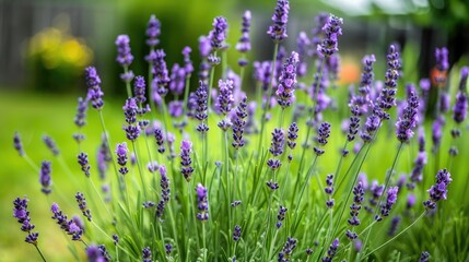 Close-up of a sprig of flowering lavender. The flower is swaying in the wind. A purple flower in a flower bed or in a field. Production of essential oil.