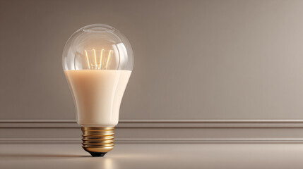 Conceptual design object: glowing bulb with milk inside, blending function and surreal art. Neutral background, cozy ambiance, and symbolic purity highlight innovation and mindful living