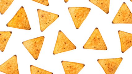 Seamless pattern of golden crispy tortilla chips with seasoning perfect for backgrounds and textures isolated on transparent background