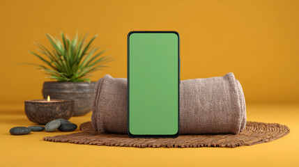 Serene wellness flatlay: phone with green screen, lit candle, smooth stones, plant on yellow background. Ideal for self-care, meditation, booking, and biophilic design visuals