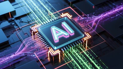 Artificial intelligence chip with glowing AI logo on circuit board